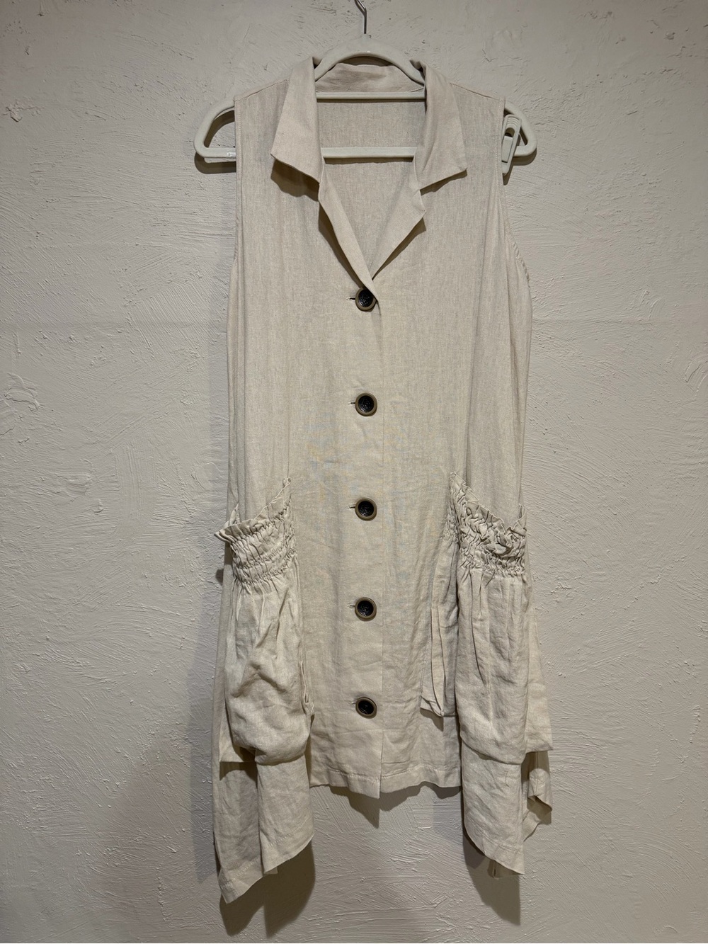 Vintage Sleeveless Button Front Linen Tunic Dress in Light Beige